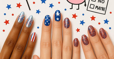 Trendy 4th of July nail designs featuring red, white, and blue glitter, stars, and patriotic patterns