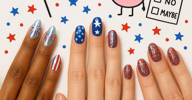 Trendy 4th of July nail designs featuring red, white, and blue glitter, stars, and patriotic patterns