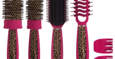 6 Piece Pink Leopard Brush Kit by Scalpmaster displayed on a white background showing the full set of professional styling brushes.