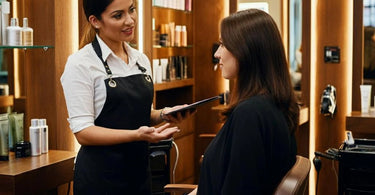 Salon professional upselling hair treatments to a client