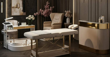 Luxury spa furniture setup showcasing elegant reception desk, manicure table, and pedicure chair.