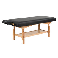 Sierra Comfort SC-2000 black stationary massage table with 30-inch-wide cushioned surface, beech hardwood frame, adjustable height, and face cradle for professional spa and massage treatment rooms