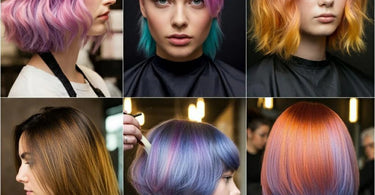 A stylist applying vibrant hair color to a client's hair in a modern salon setting