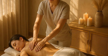 Massage therapist taking a mindful moment to manage stress and cortisol levels during a busy workday