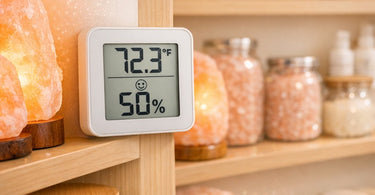 A digital hygrometer displaying temperature and humidity levels in a serene salt therapy room with salt bricks and spa products.