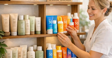 A curated selection of mineral and chemical sunscreen bottles and tubes neatly arranged on a spa retail shelf