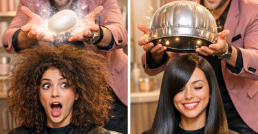 Professional hairstylist performing a silk protein hair infusion treatment using a heat cap on a client in a salon