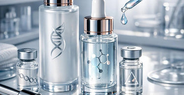 Close-up image of a skincare professional applying a glowing peptide serum to a client's face during a facial treatment.