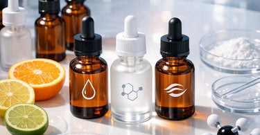 Close-up of professional skincare products including dropper bottles of vitamin C serum, next to fresh citrus fruits on a spa towel
