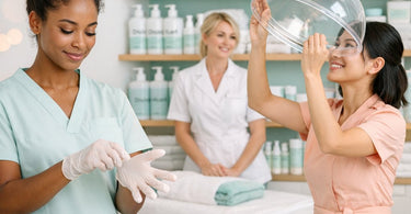 Spa Professional Wearing Purple Gloves Holding Safety Sign with OSHA Basics Checklist: Gloves, Ventilation, Disinfectants, and Staff Safety