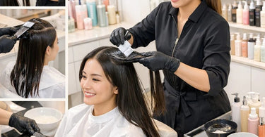 A stylist applying Japanese straightening treatment to a client's hair in a professional salon setting.