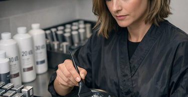 A professional hairstylist's hands mixing custom hair color and developer in a salon bowl, with color swatches and tools in the background