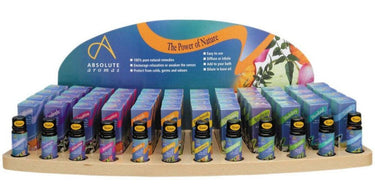 Absolute Aromas Aromatherapy Essential Blends Display Package featuring a wooden retail display with essential oil bottles.