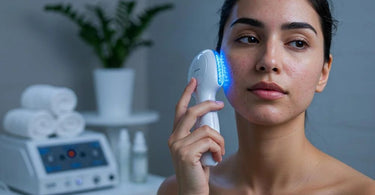 Quasar Baby Blue LED Light Therapy Device for acne treatment on a spa table