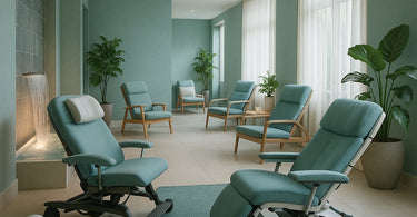 A spacious and modern spa treatment room featuring an adjustable-height massage table and wide clear pathways for easy accessibility