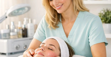 Esthetician performing a high-frequency facial treatment on a client with maskne-prone skin in a professional spa setting