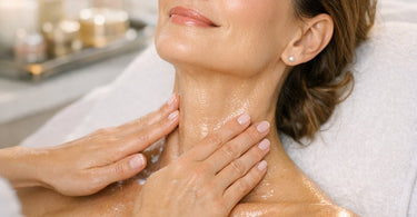 A spa professional performing a targeted massage and skincare treatment on a client's neck and décolletage to address tech neck and wrinkles.