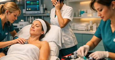 Spa manager and therapist calmly consulting a protocol checklist in a modern, clean treatment room