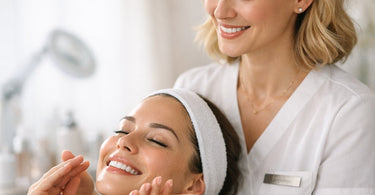 Close-up image showing a professional aesthetician performing a safe, hygienic facial extraction on a client, contrasted with the dangerous aftermath of at-home pimple popping like redness and scarring.