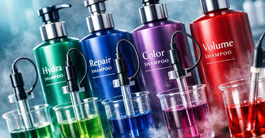 Close-up image of a pH testing strip being dipped into professional shampoo samples, with shampoo bottles and lab glassware in the background, representing the scientific analysis of haircare products.
