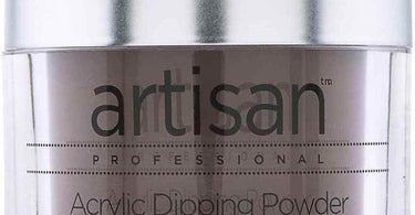 Artisan Instant Dry Dipping Powder Warm Winter Satin in a 2 oz jar displayed with a brush and polished nails showing a creamy nude winter color.