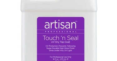 Artisan Touch N Seal UV Dry Topcoat bottle with brush, a professional nail product for salons