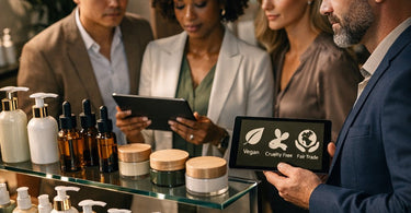 A spa professional carefully checking product labels for vegan, cruelty-free, and fair-trade certification logos during an inventory audit