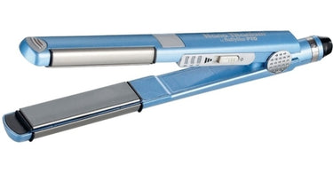 BaByliss PRO Pro Nano Titanium U Styler on a salon station, showcasing its sleek blue design and unique curved plates.