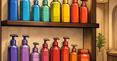 An organized, color-coded spa backbar with bottles featuring different colored labels and tools sorted by color in bins