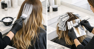 Side-by-side comparison showing the soft, blended effect of balayage highlights versus the precise, bright strips of traditional foil highlights on a mannequin.