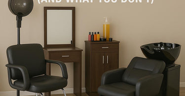 Essential beauty salon equipment laid out in a treatment room including wax warmers, nail polish racks, facial steamers and manicure tables