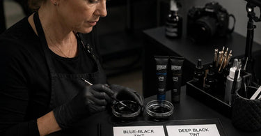 Comparison of blue-black vs deep black lash and brow tint results in low light photography for salon professionals