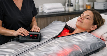 A woman relaxing in a professional infrared sauna blanket in a spa setting to promote detox and relaxation.