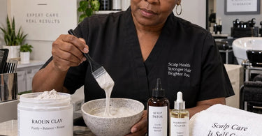 Professional esthetician applying a kaolin clay scalp detox mask to a clients scalp in a serene spa treatment room