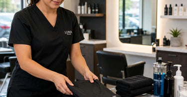 Spa professional apparel neatly organized on shelves as emergency uniform supplies for a salon or spa.