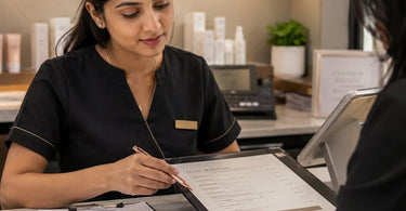 A tray with various reading glasses placed on a spa reception desk, enhancing client experience and accessibility.