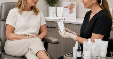 Woman applying professional foot peel treatment with malic acid in a spa pedicure chair for soft, exfoliated skin