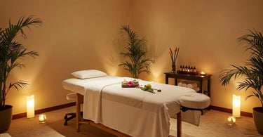 Client enjoying a relaxing winter massage in a cozy spa setting