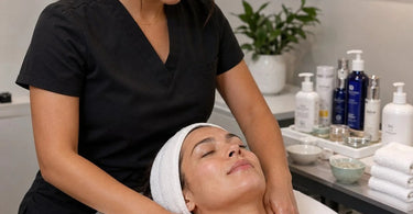 A woman relaxing during a spa facial with a therapist performing a soothing neck and shoulder massage.