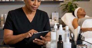 An illustration of a business woman reviewing a list of top 20 spa and salon supplies on a clipboard, with a magnifying glass examining product costs and profits.