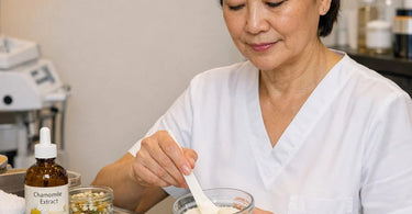 Professional facial treatment with chamomile extract products on a spa table showing calming skincare benefits