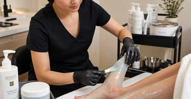 A hand applying a cooling gel mask during a professional pedicure treatment, showcasing hydration and relaxation benefits.