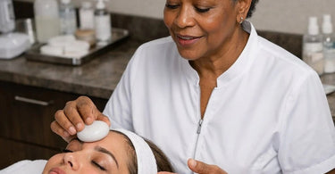 Esthetician applying a cool marble stone to clients eyebrow area after threading service in spa