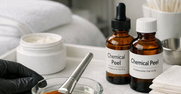 Close up of professional esthetician hand holding a fluffy fan brush dipping into a chemical peel solution in a glass bowl.