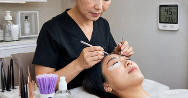 Hygrometer displayed in a lash extension treatment room showing temperature and humidity levels for optimal adhesive performance.