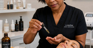 Close up of golden jojoba oil being poured next to natural jojoba seeds on a white surface with a pipette, perfect for professional skincare and spa treatments.