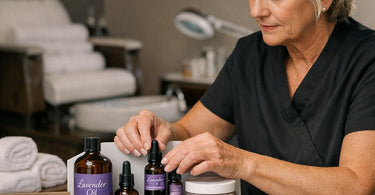 A relaxing professional pedicure featuring lavender oil with purple flowers and spa stones for ultimate foot care and aromatherapy.