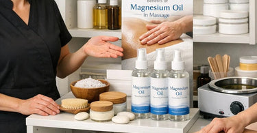 Therapy grade magnesium oil being applied during a professional massage treatment on a Pure Spa Direct portable massage table.