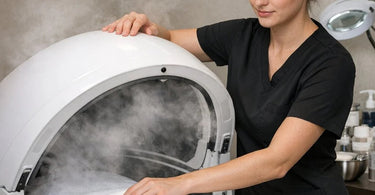Professional grade steam canopy set up on a massage table in a modern spa treatment room