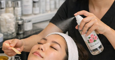 A professional esthetician applies a refreshing rose water spritz mist to a client's face during a relaxing spa facial treatment.